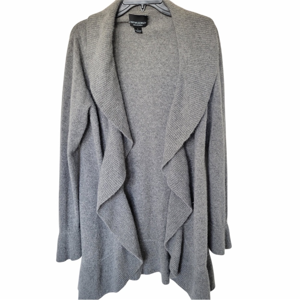✅ Cynthia Rowley Gray Ruffle open front Cardigan 100% cashmere size L